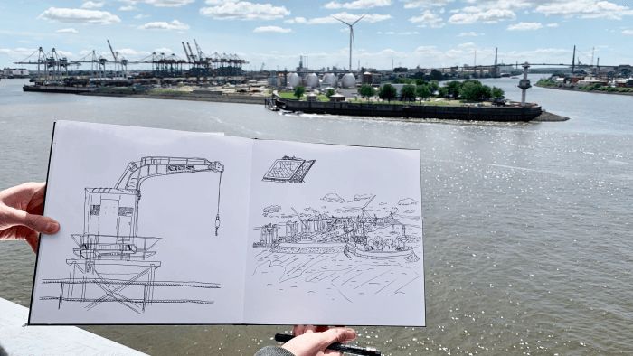 a drawing of the river and harbour front of hamburg